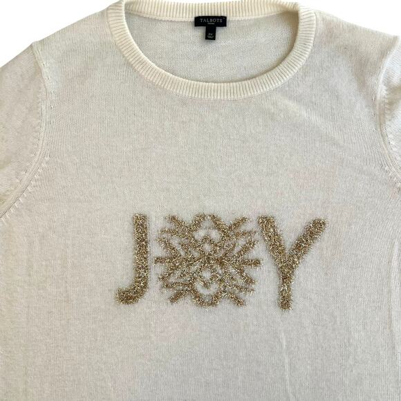 Talbots Women’s 2X “JOY” Holiday Sweater Ivory Wool Alpaca Blend Metallic Trim - Picture 2 of 9